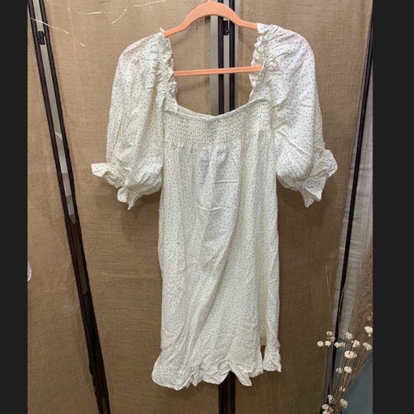 ELOQUII Plus Linen Blend Smocked Ruffle Mini Dress Polka Dot - Picture 4 of 4